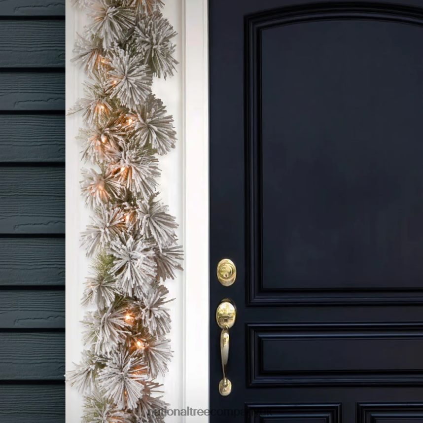 Greenery | National Tree Company Pre-Lit Artificial Christmas Garland Green Glittery Bristle Pine White Lights Decorated With Frosted Branches Plug In Christmas Collection 9 Feet F2L4F361